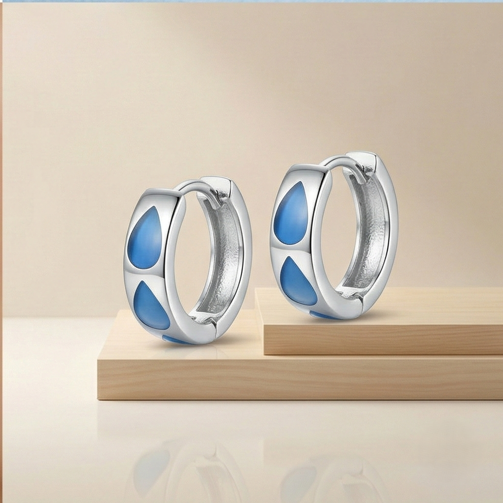 925 Sterling Silver Blue Teardrop Mop Inlay Huggie Hoop Earrings Modern Jewellery For Women : AGk02006
