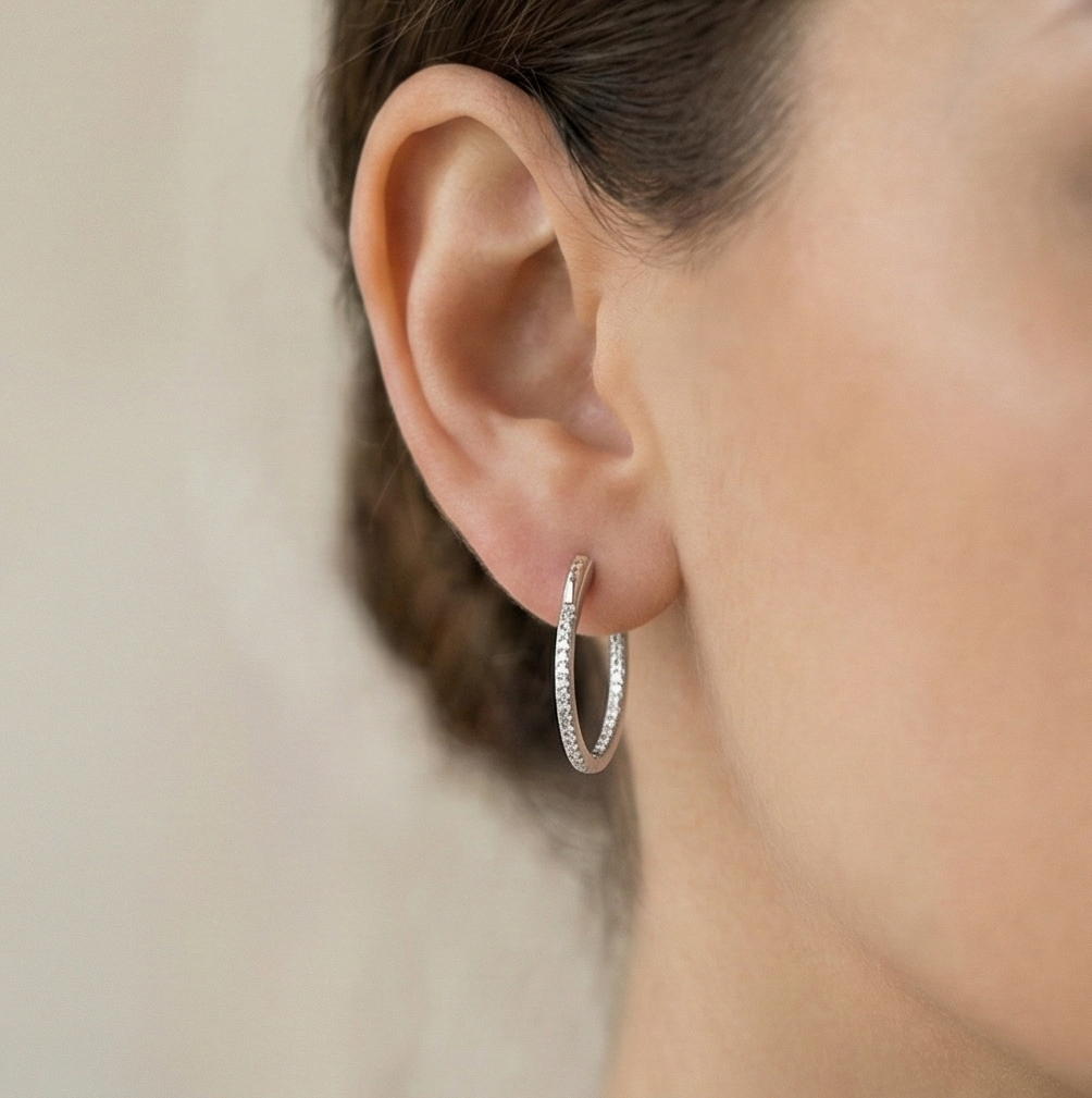 925 Sterling Silver Inside-Out Pave Oval Hoop Earrings Classic Jewellery For Women : AGk02008