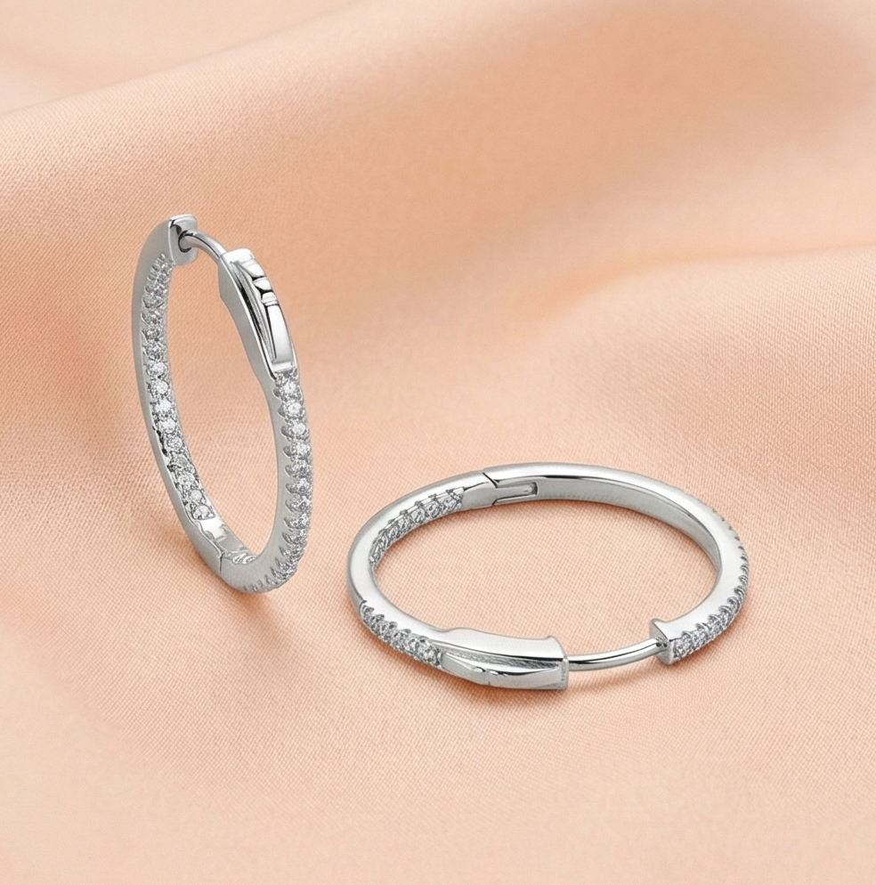 925 Sterling Silver Inside-Out Pave Oval Hoop Earrings Classic Jewellery For Women : AGk02008