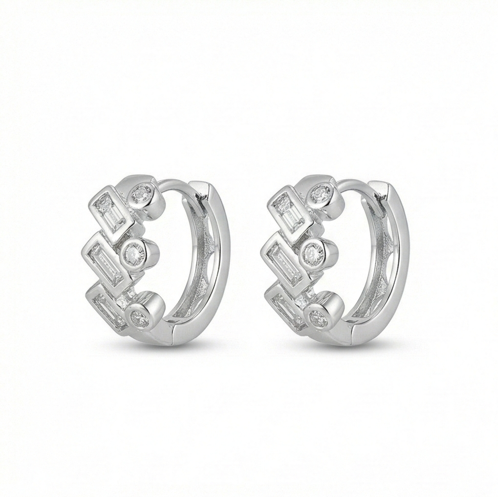 925 Sterling Silver Geometric Baguette Huggie Hoop Earrings Trendy Jewellery For Women : AGk02018