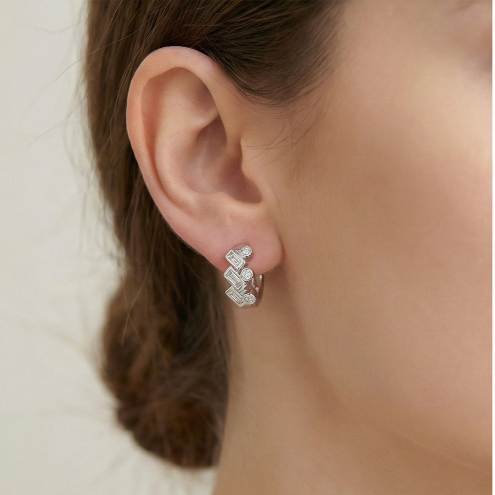 925 Sterling Silver Geometric Baguette Huggie Hoop Earrings Trendy Jewellery For Women : AGk02018