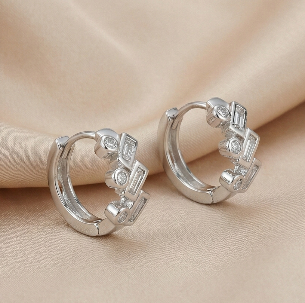 925 Sterling Silver Geometric Baguette Huggie Hoop Earrings Trendy Jewellery For Women : AGk02018