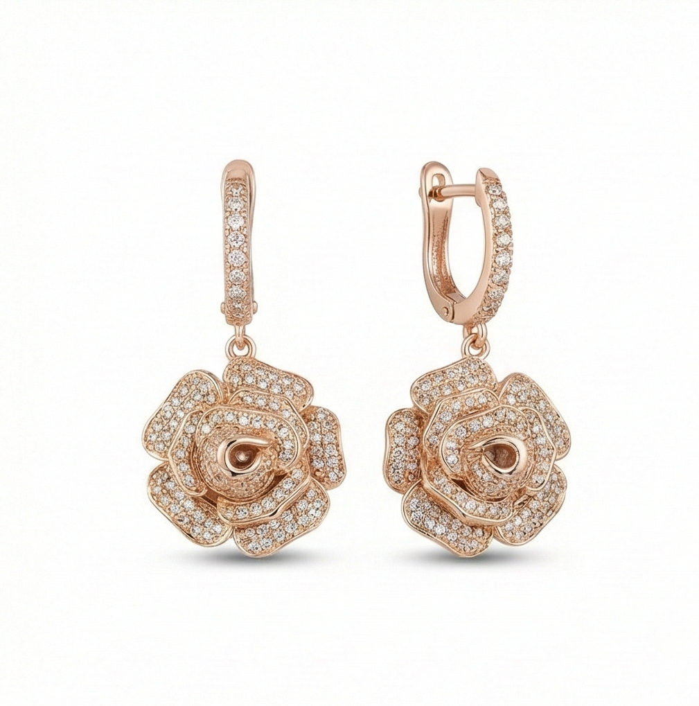 925 Sterling Silver Rose Gold Plated Blooming Rose Flower Drop Earrings Jewellery : AGk02034