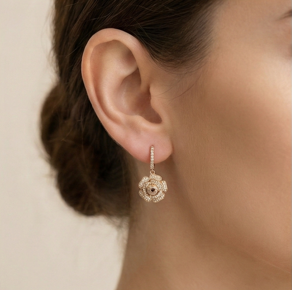 925 Sterling Silver Rose Gold Plated Blooming Rose Flower Drop Earrings Jewellery : AGk02034