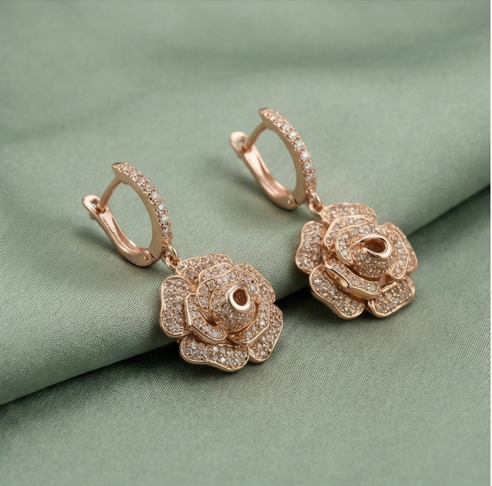925 Sterling Silver Rose Gold Plated Blooming Rose Flower Drop Earrings Jewellery : AGk02034
