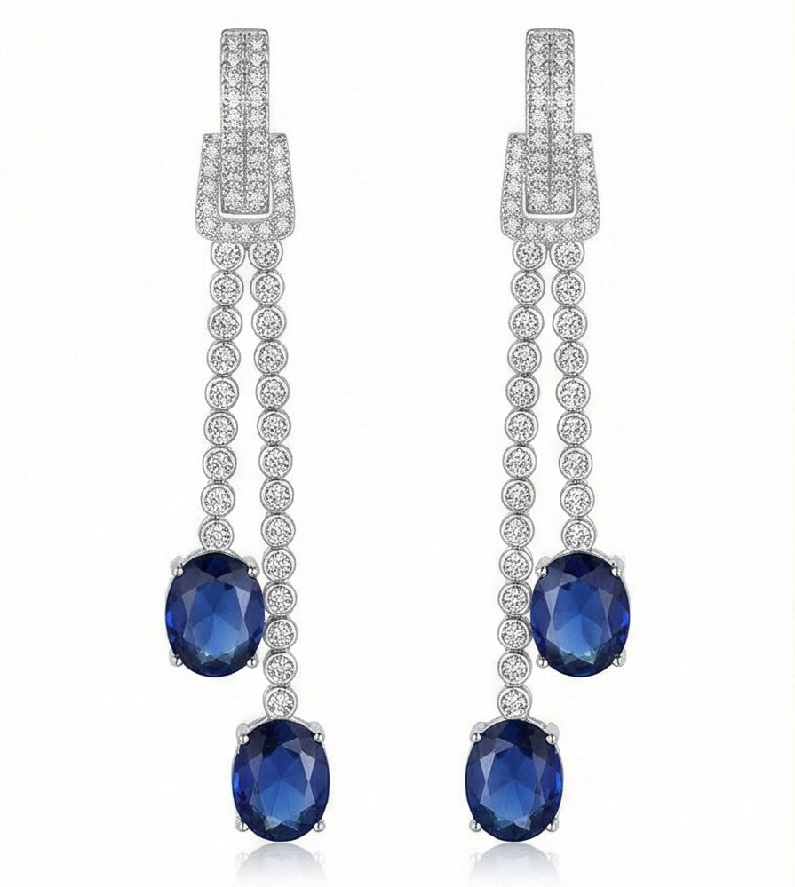 925 Sterling Silver Long Linear Drop Earrings With Blue Oval Gemstones Jewellery : AGk02036