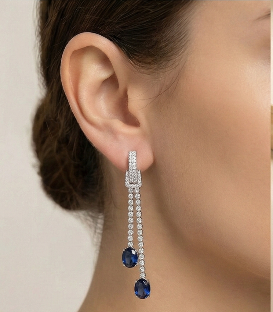 925 Sterling Silver Long Linear Drop Earrings With Blue Oval Gemstones Jewellery : AGk02036