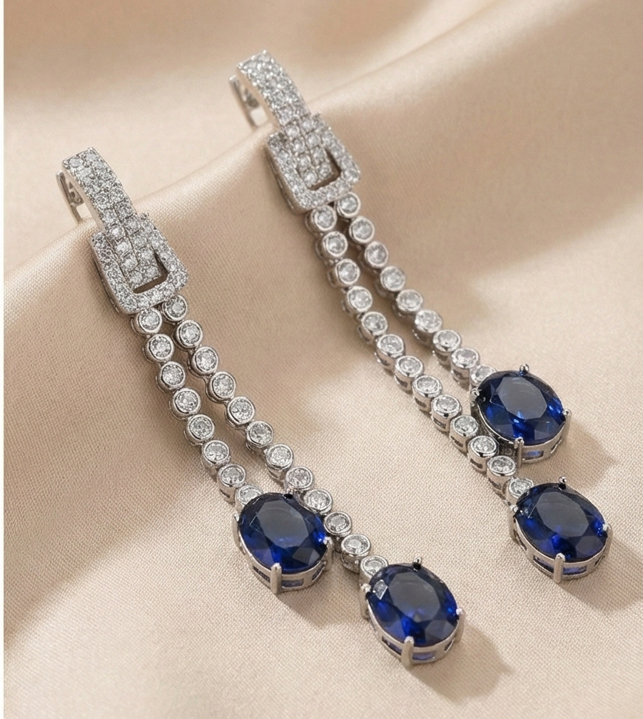 925 Sterling Silver Long Linear Drop Earrings With Blue Oval Gemstones Jewellery : AGk02036