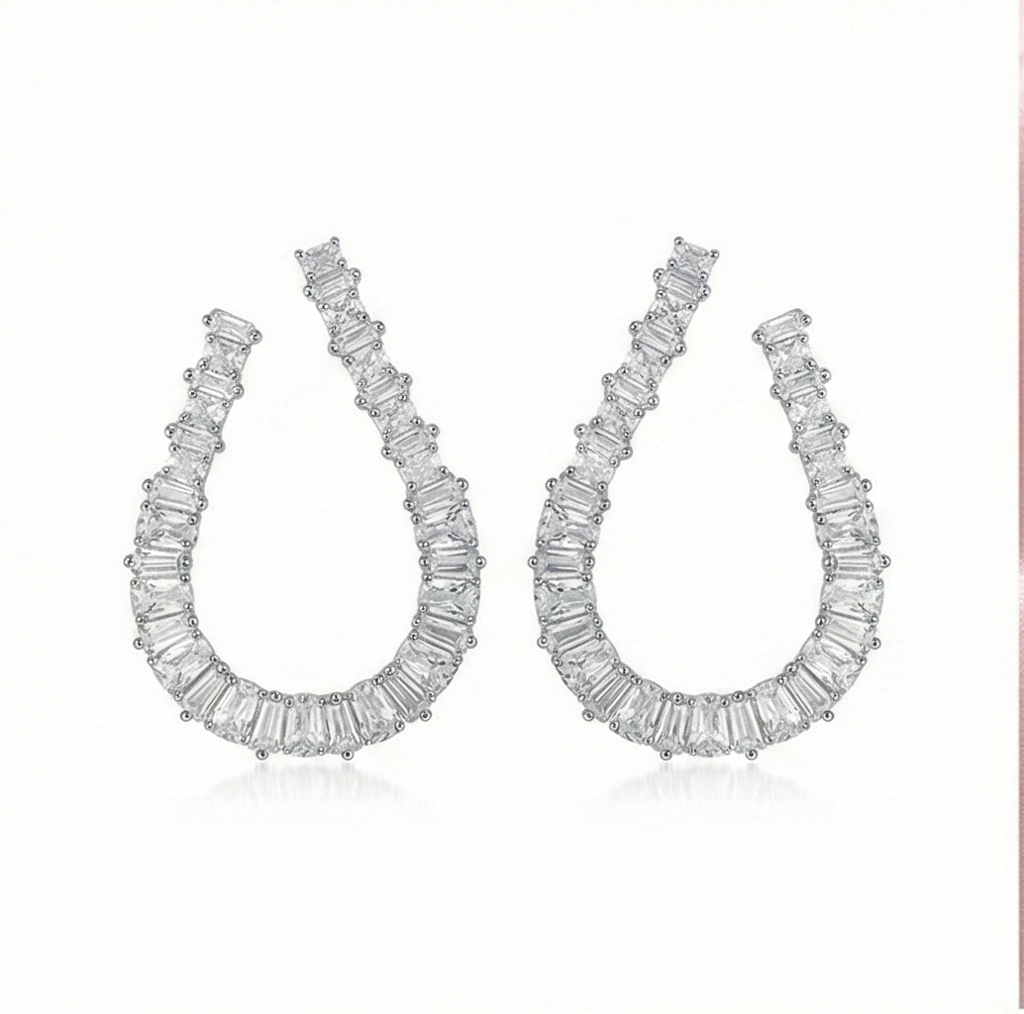 925 Sterling Silver Baguette Cut Open Hoop Earrings Jewellery For Women : AGk02039