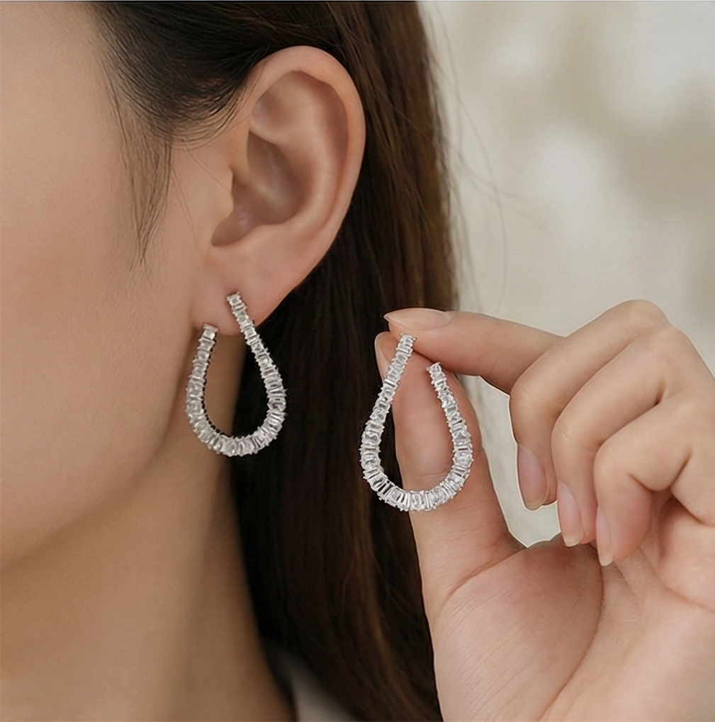 925 Sterling Silver Baguette Cut Open Hoop Earrings Jewellery For Women : AGk02039