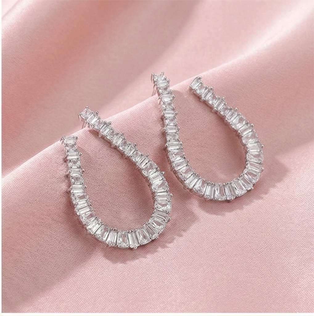 925 Sterling Silver Baguette Cut Open Hoop Earrings Jewellery For Women : AGk02039