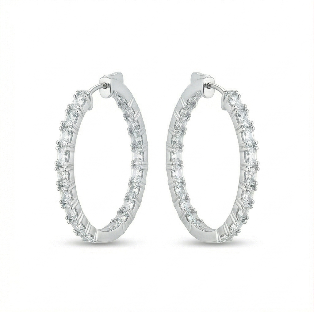925 Sterling Silver Classic Baguette Hoop Earrings High Polish Rhodium Women'S Jewellery : AGk02042
