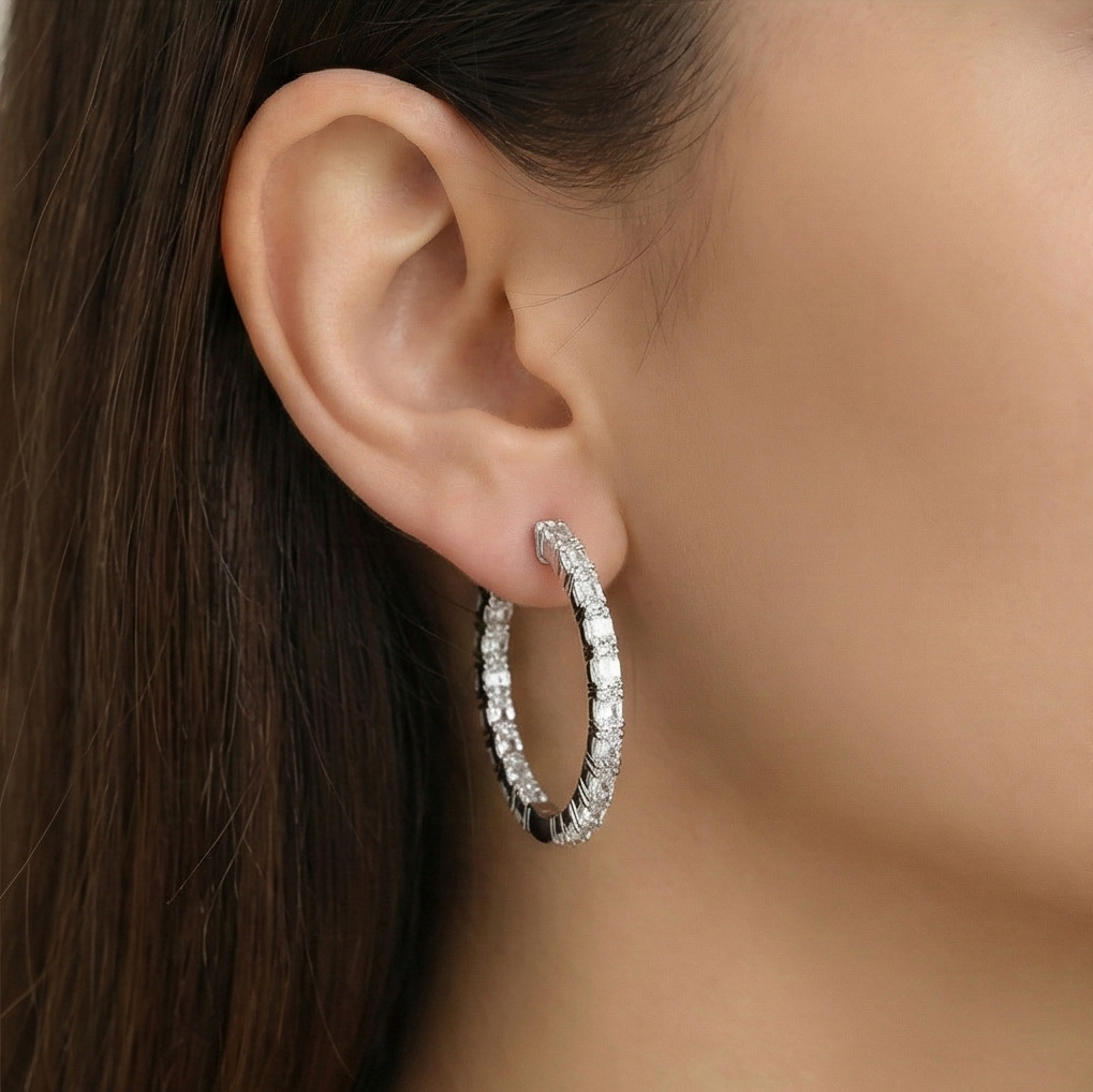 925 Sterling Silver Classic Baguette Hoop Earrings High Polish Rhodium Women'S Jewellery : AGk02042
