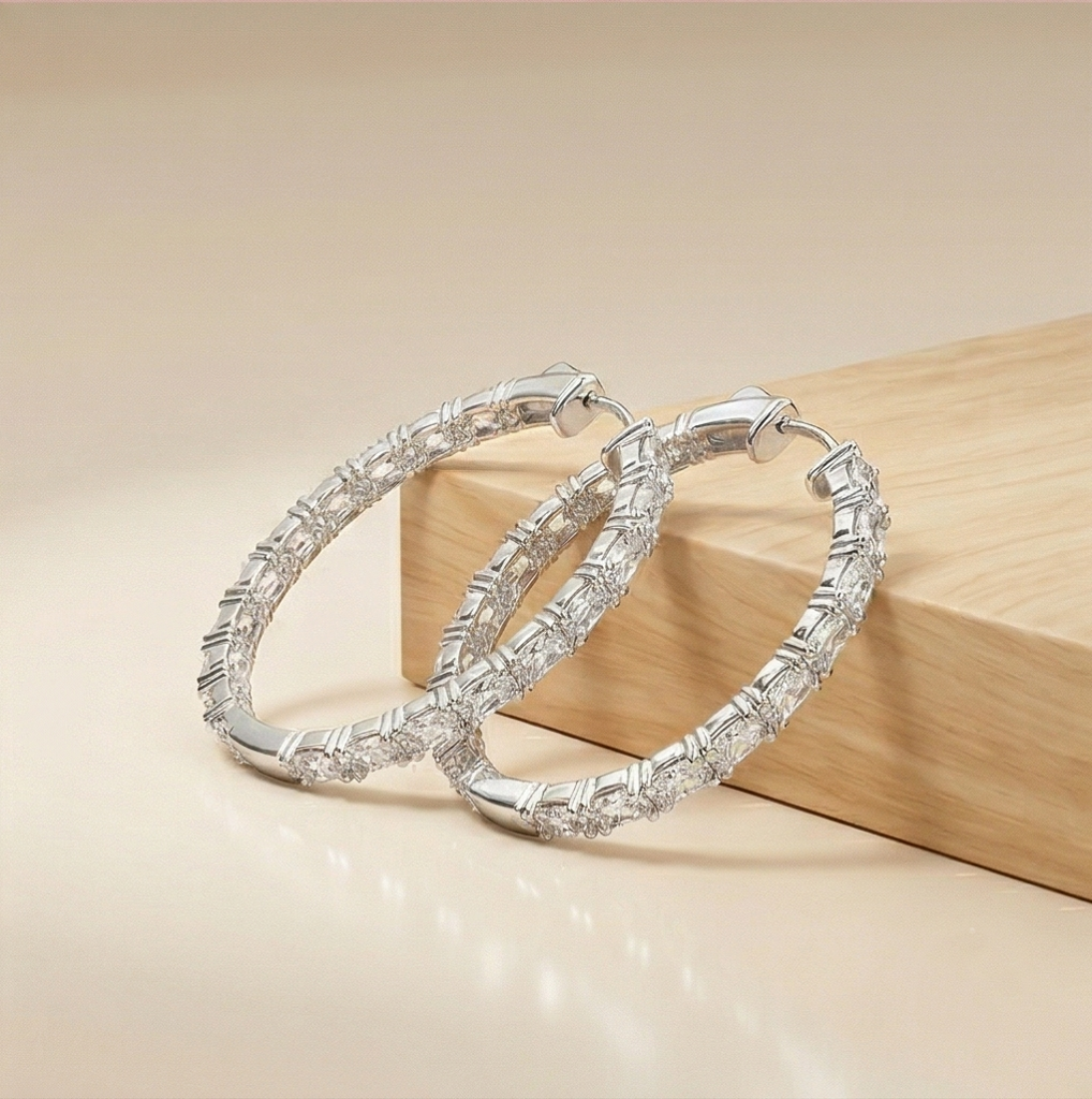 925 Sterling Silver Classic Baguette Hoop Earrings High Polish Rhodium Women'S Jewellery : AGk02042