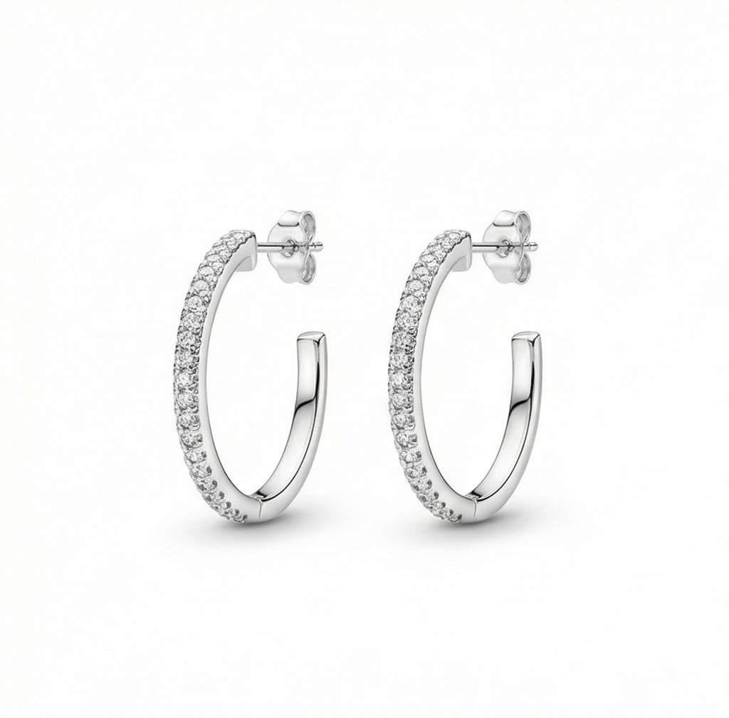 925 Sterling Silver Slim Pave Hoop Earrings High Polish Rhodium Finish Minimalist Jewellery For Women : AGk02059
