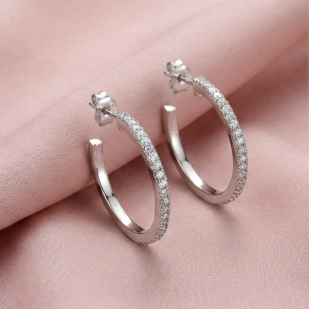 925 Sterling Silver Slim Pave Hoop Earrings High Polish Rhodium Finish Minimalist Jewellery For Women : AGk02059
