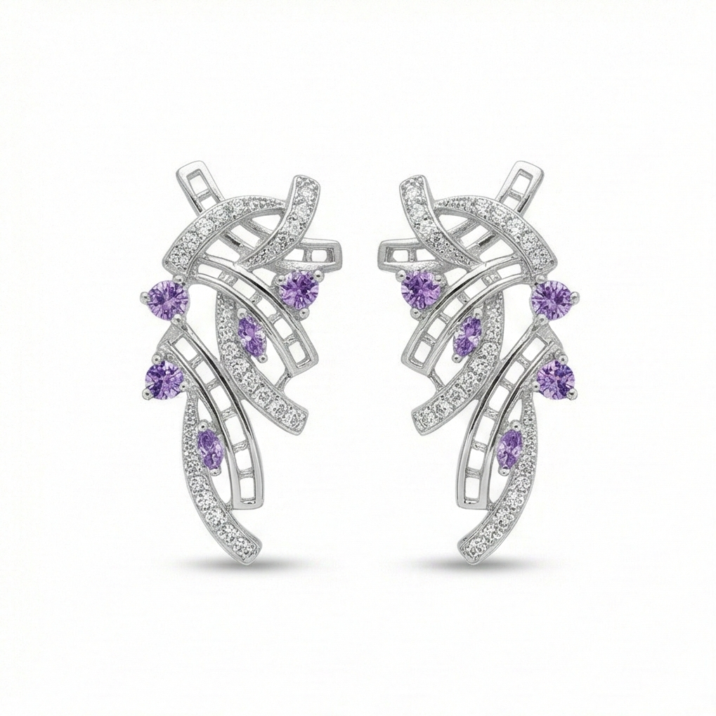 925 Sterling Silver Abstract Ribbon Drop Earrings With Purple Accents High Polish Rhodium Finish Statement Jewellery : AGk02062