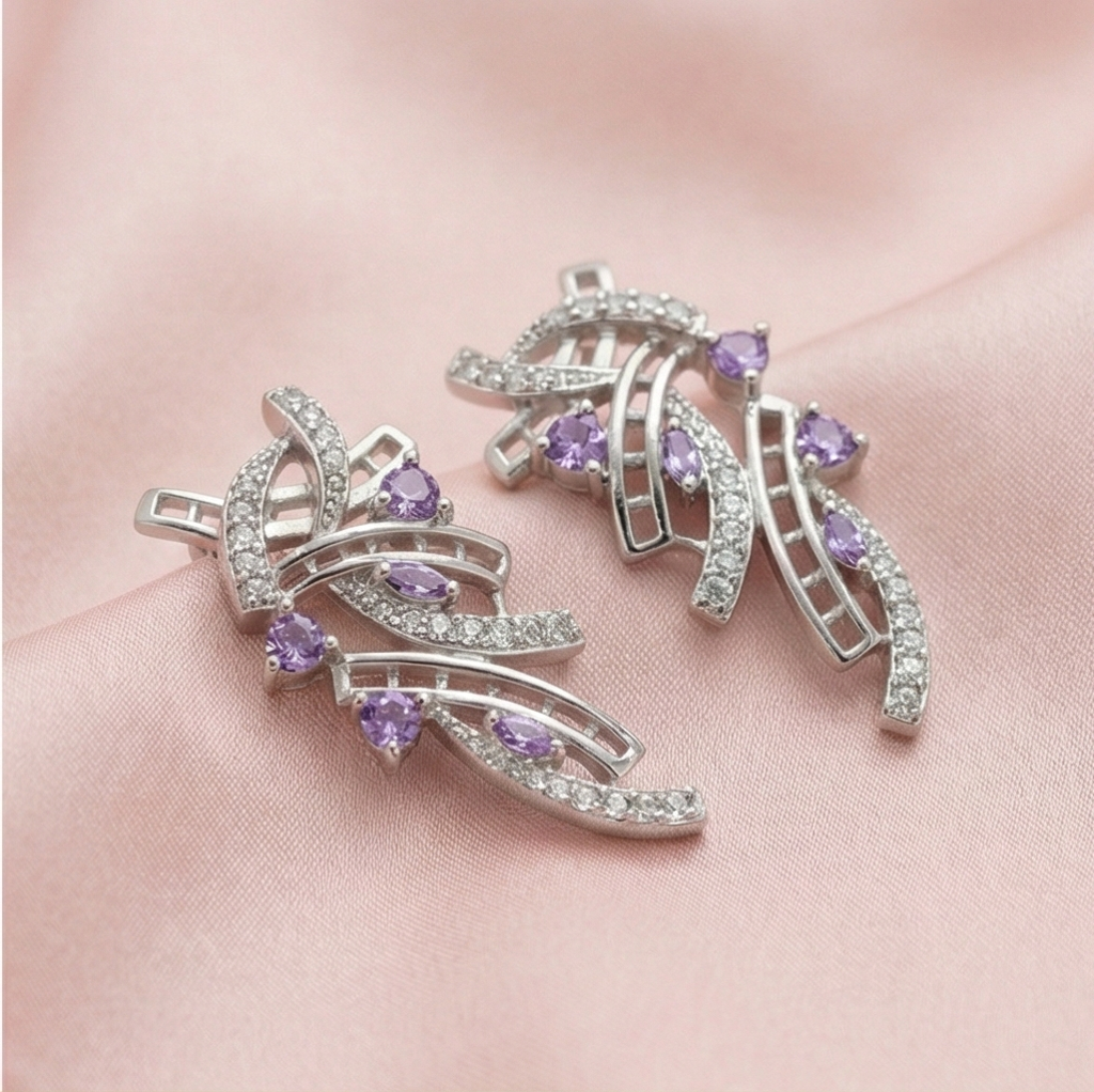925 Sterling Silver Abstract Ribbon Drop Earrings With Purple Accents High Polish Rhodium Finish Statement Jewellery : AGk02062