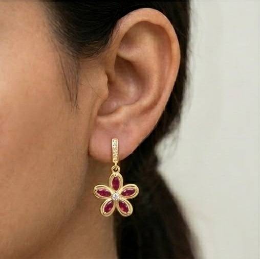 Floral Marquise Drop Earrings In 925 Sterling Silver With Gold Finish - Dainty Women'S Jewellery : AGk02192-1