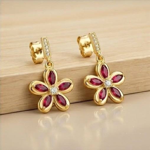 Floral Marquise Drop Earrings In 925 Sterling Silver With Gold Finish - Dainty Women'S Jewellery : AGk02192-1