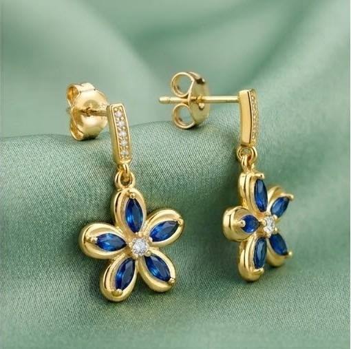 Floral Marquise Drop Earrings In 925 Sterling Silver With Gold Finish - Dainty Women'S Jewellery : AGk02192-2