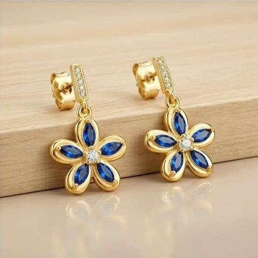 Floral Marquise Drop Earrings In 925 Sterling Silver With Gold Finish - Dainty Women'S Jewellery : AGk02192-2