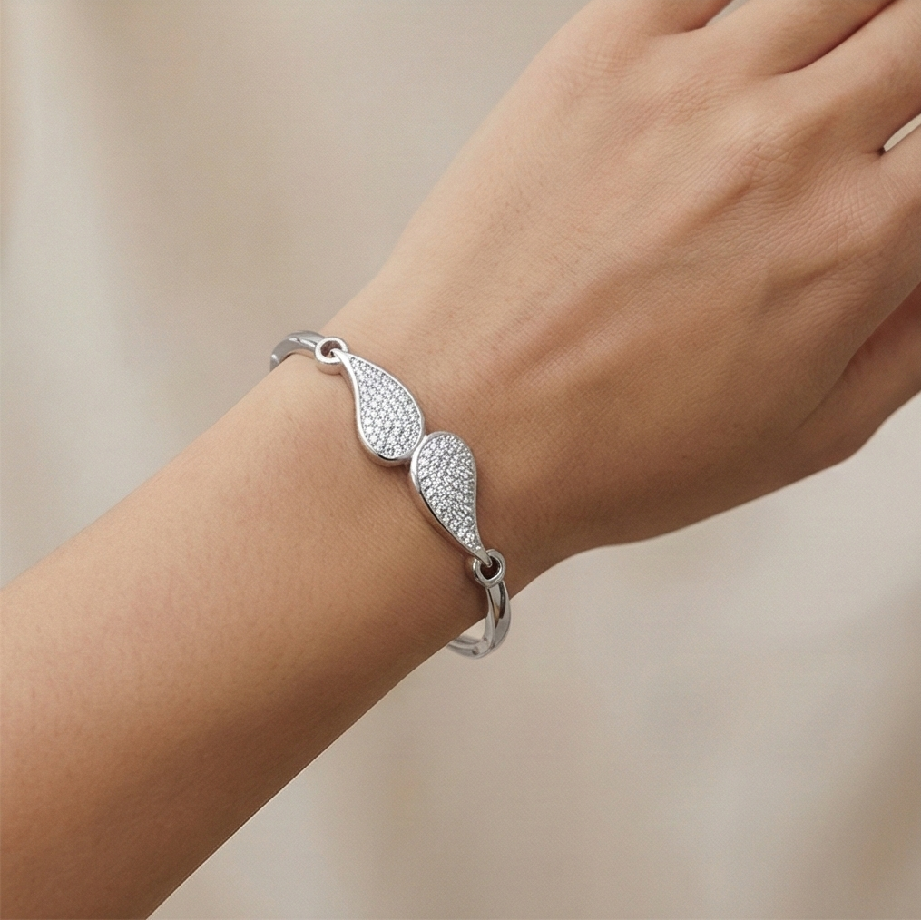 925 Sterling Silver Teardrop Motif Kada Bracelet High Polish Rhodium Finish Minimalist Jewellery : AGkA02149