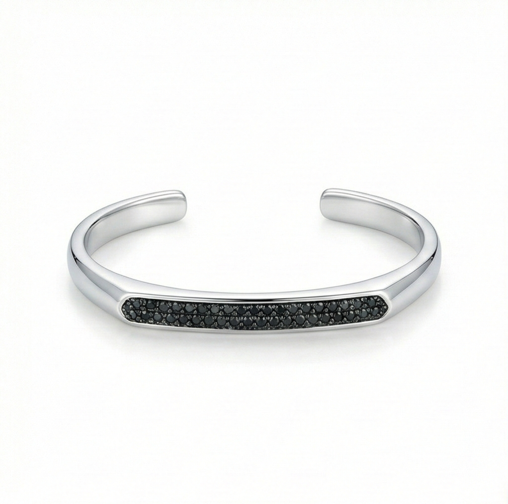 925 Sterling Silver Black Stone Open Cuff Bracelet High Polish Rhodium Finish Statement Jewellery : AGkA02154