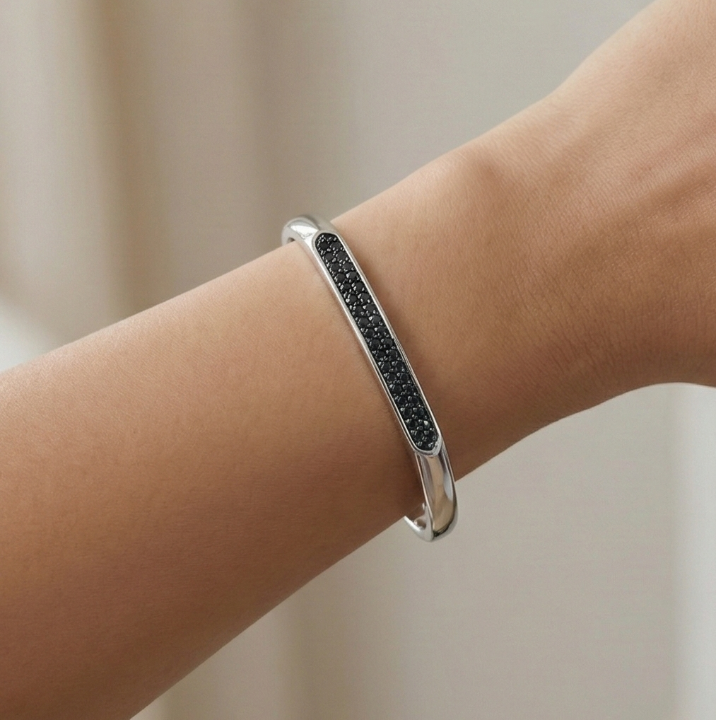 925 Sterling Silver Black Stone Open Cuff Bracelet High Polish Rhodium Finish Statement Jewellery : AGkA02154