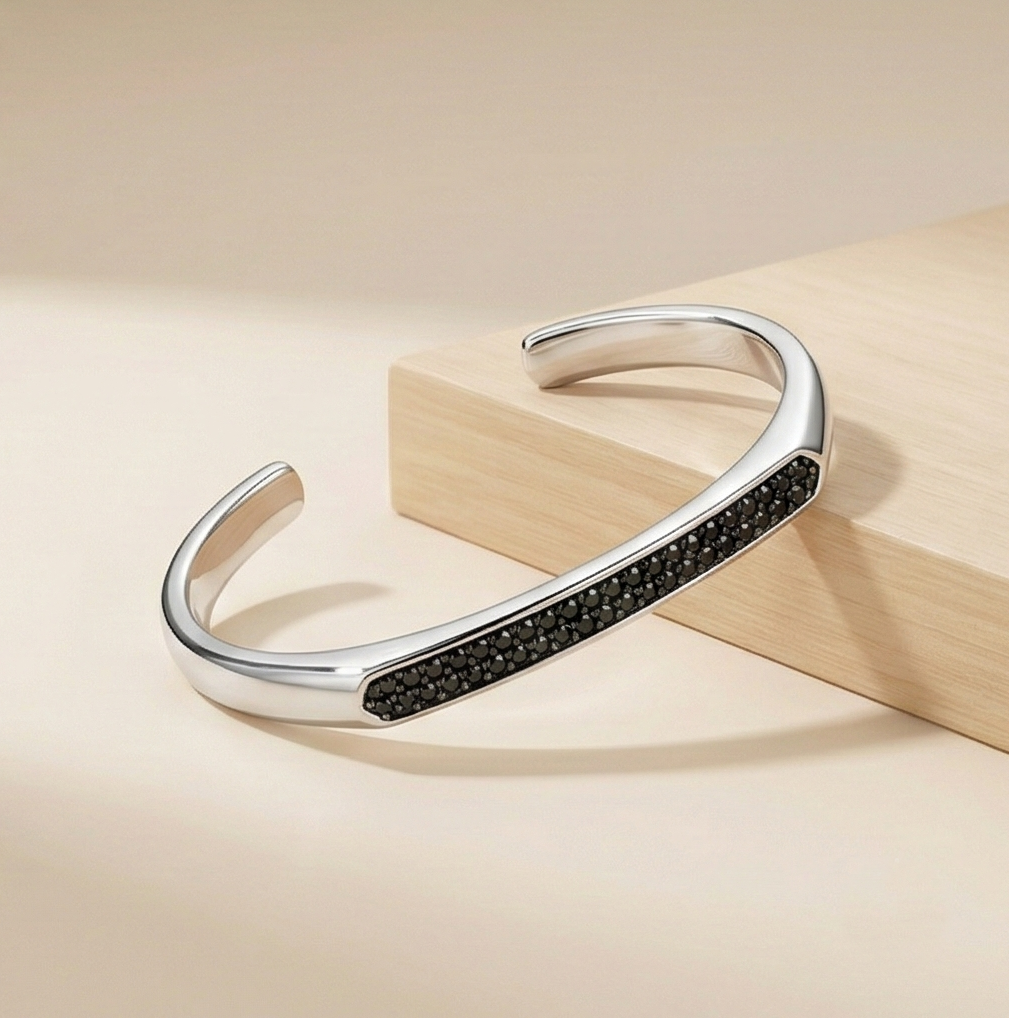 925 Sterling Silver Black Stone Open Cuff Bracelet High Polish Rhodium Finish Statement Jewellery : AGkA02154