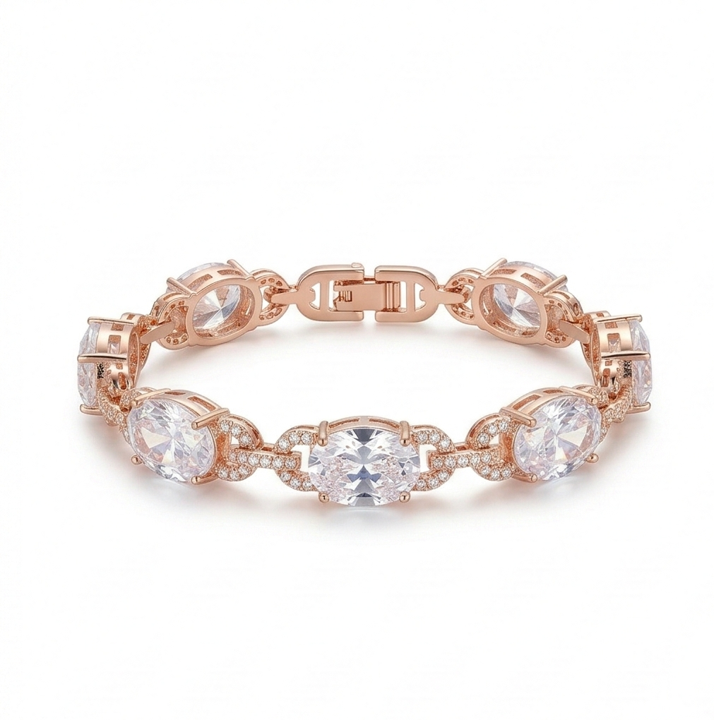 925 Sterling Silver Rose Gold Plated Oval Halo Link Premium Bracelet Jewellery For Women : AGkBR02065