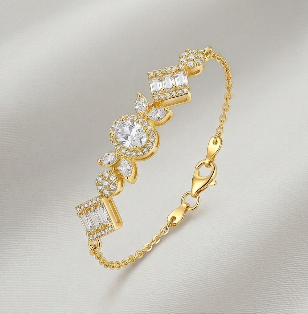 925 Sterling Silver Gold Plated Vintage Inspired Statement Chain Bracelet Premium Jewellery For Women : AGkBR02069