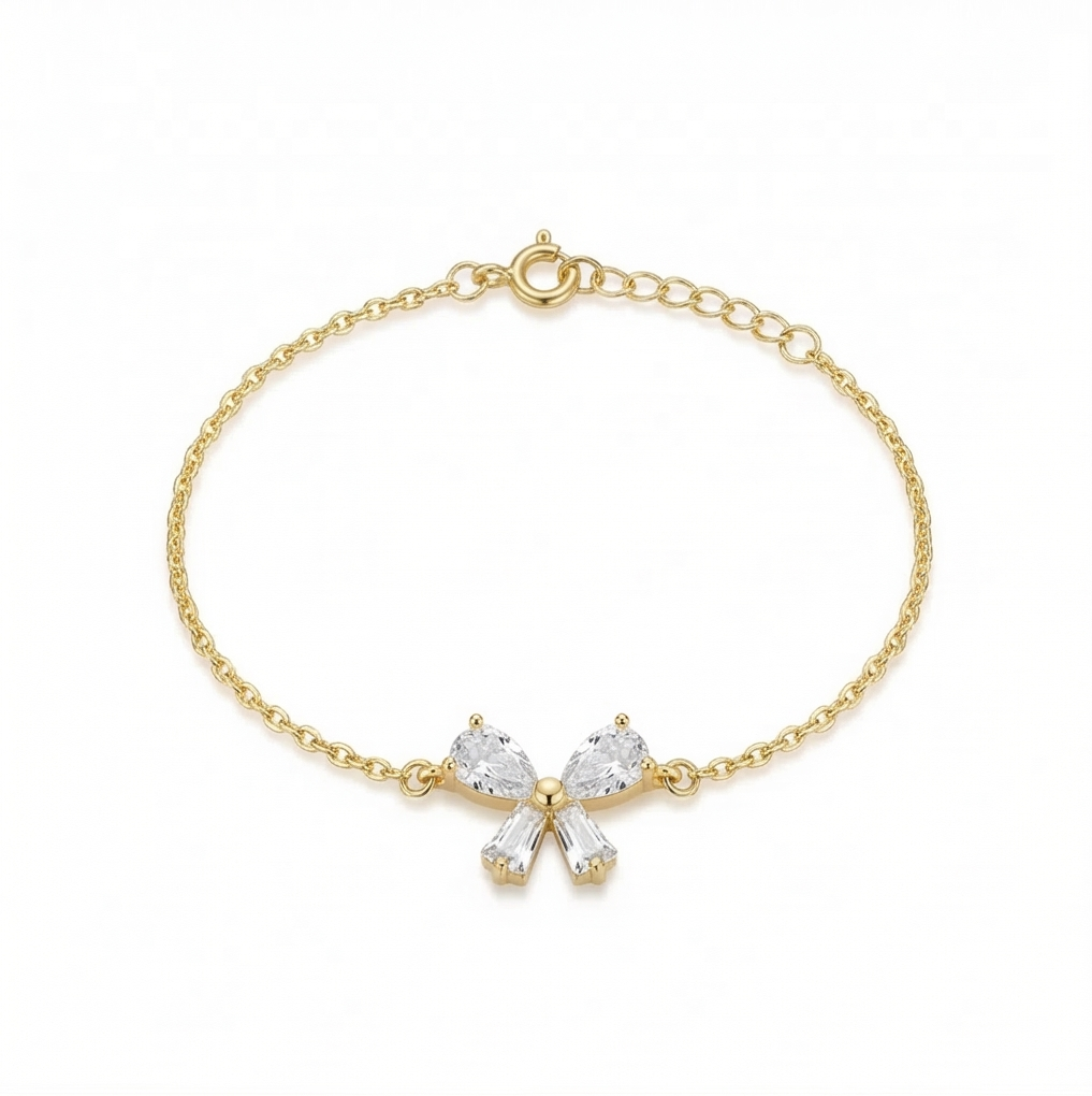 925 Sterling Silver Ribbon Bow Bracelet In Gold Finish Dainty Premium Jewellery For Women : AGkBR02090