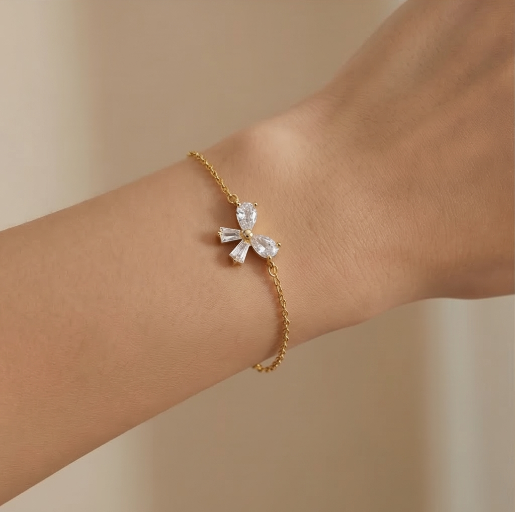 925 Sterling Silver Ribbon Bow Bracelet In Gold Finish Dainty Premium Jewellery For Women : AGkBR02090
