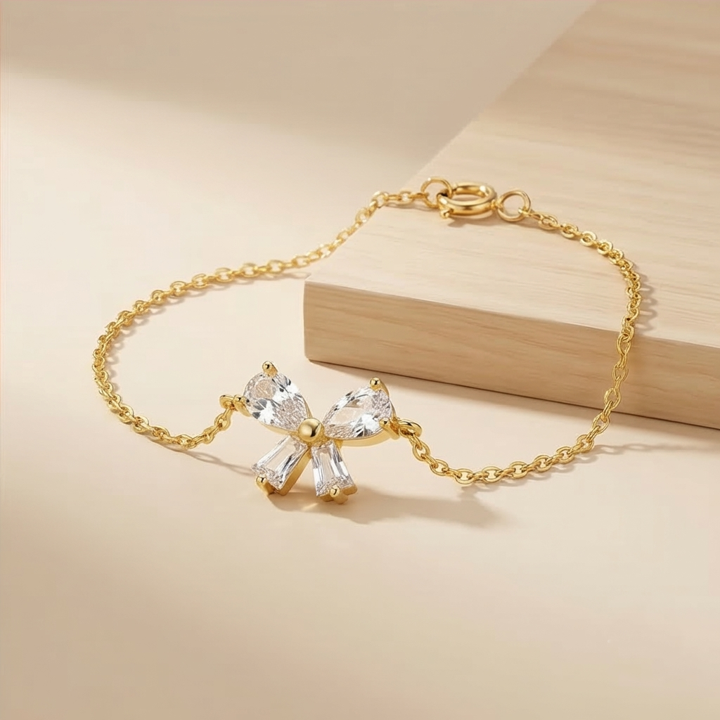 925 Sterling Silver Ribbon Bow Bracelet In Gold Finish Dainty Premium Jewellery For Women : AGkBR02090