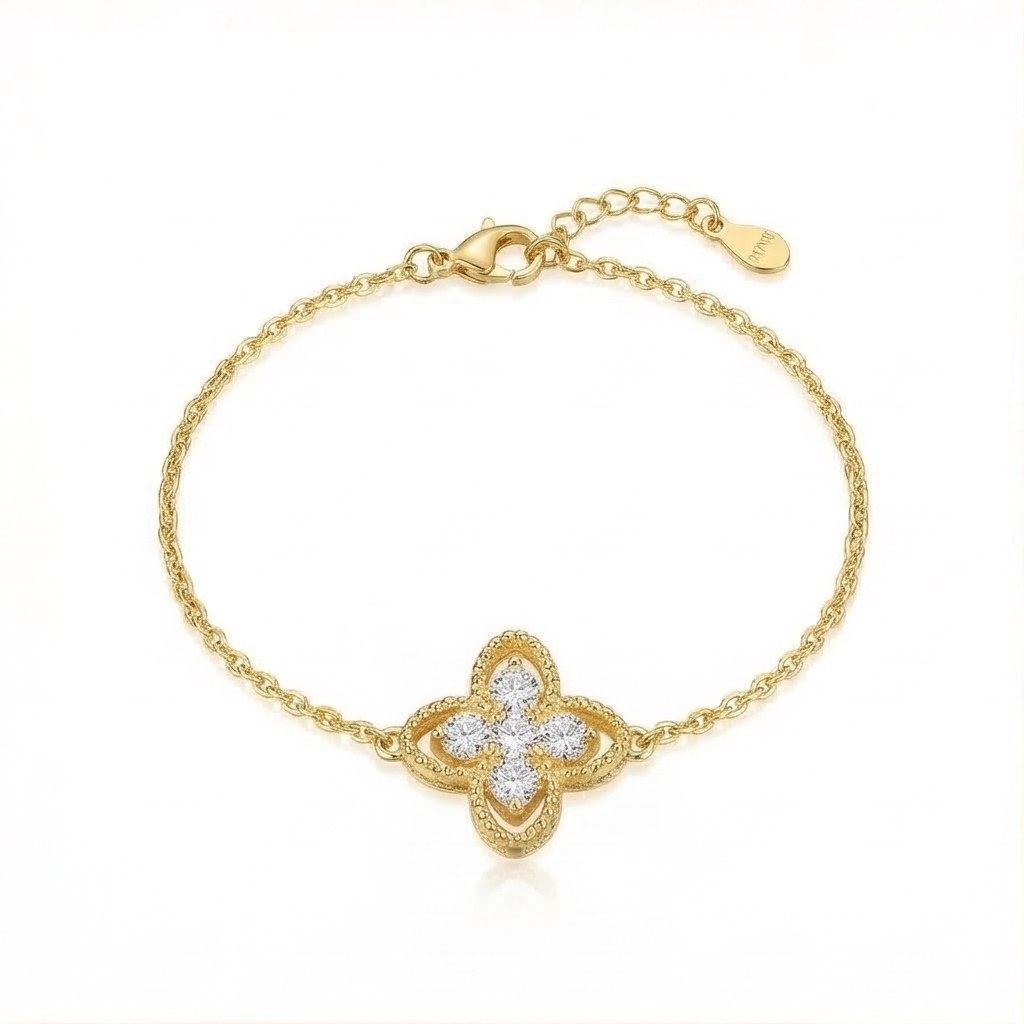 925 Sterling Silver Vintage Clover Bracelet In Premium Gold Finish Classic Jewellery For Women : AGkBR02094