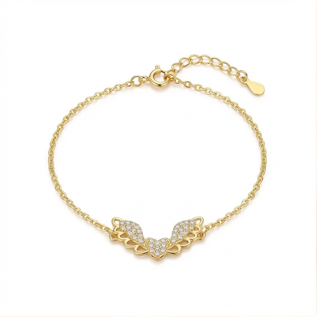 925 Sterling Silver Angel Wing Bracelet In Premium Gold Finish Ethereal Jewellery For Women : AGkBR02098