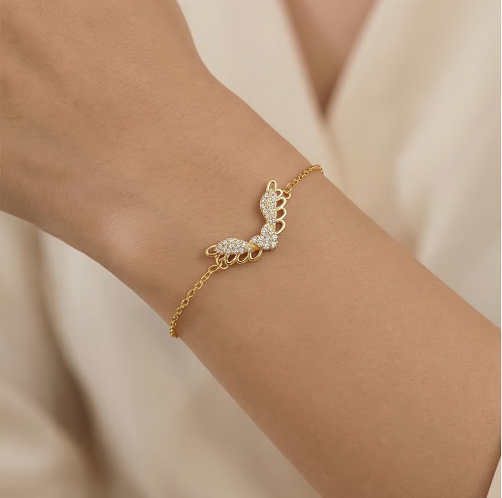 925 Sterling Silver Angel Wing Bracelet In Premium Gold Finish Ethereal Jewellery For Women : AGkBR02098