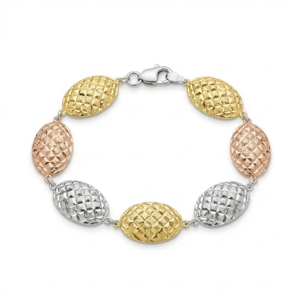 925 Sterling Silver Tri-Color Diamond-Cut Beaded Link Bracelet Premium Jewellery For Women : AGkBR02103
