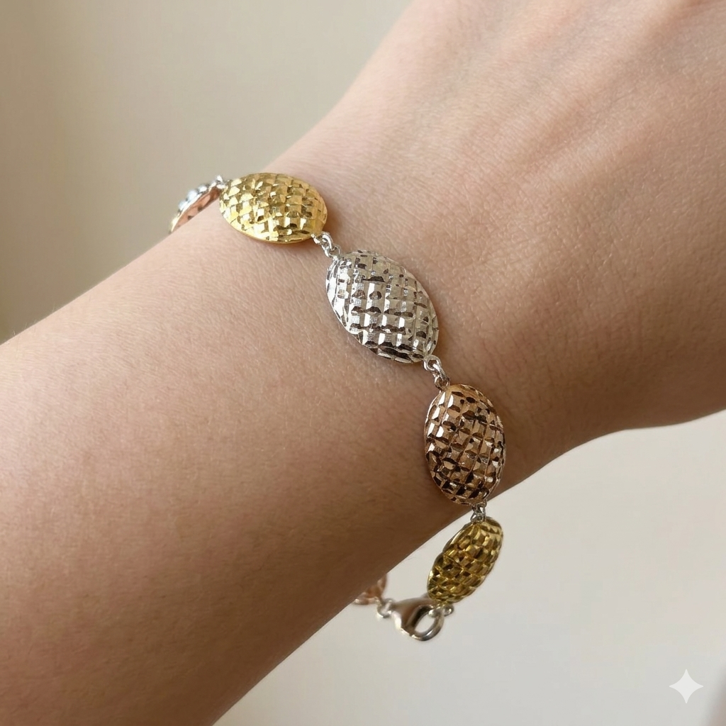 925 Sterling Silver Tri-Color Diamond-Cut Beaded Link Bracelet Premium Jewellery For Women : AGkBR02103