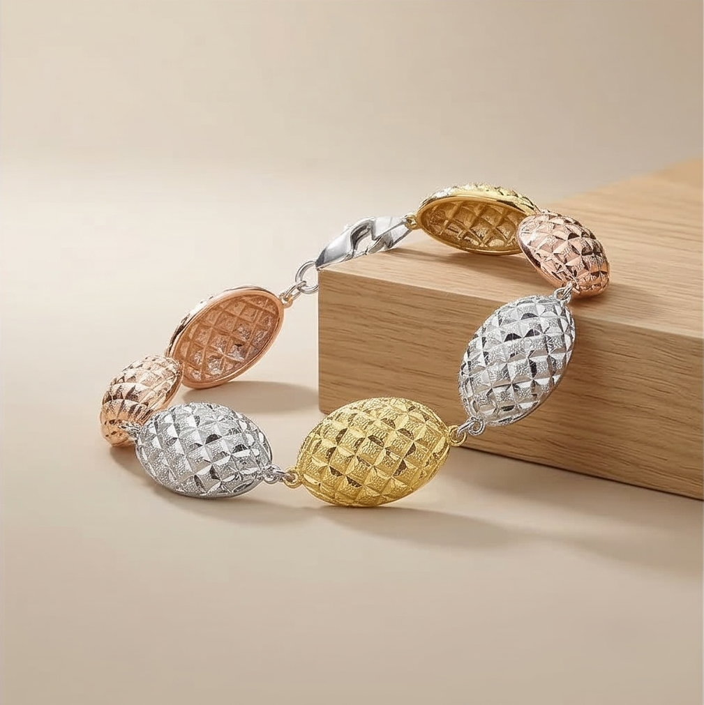 925 Sterling Silver Tri-Color Diamond-Cut Beaded Link Bracelet Premium Jewellery For Women : AGkBR02103