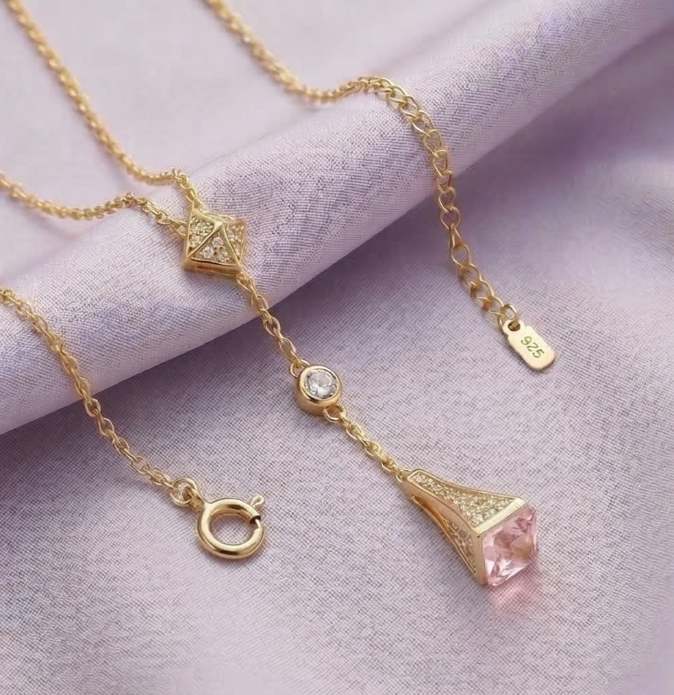 925 Sterling Silver Geometric Lariat Y-Necklace Jewellery With Gold Finish : AGkDK02109-2