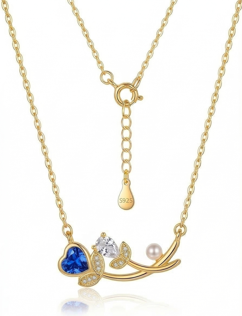 925 Sterling Silver Floral Branch Heart And Pearl Necklace Jewellery In Gold Plated Finish : AGkDK02113-2