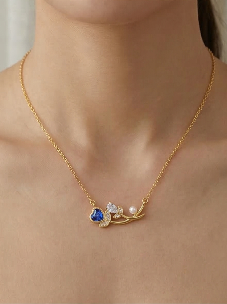 925 Sterling Silver Floral Branch Heart And Pearl Necklace Jewellery In Gold Plated Finish : AGkDK02113-2