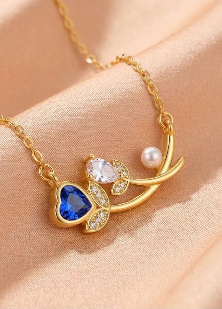 925 Sterling Silver Floral Branch Heart And Pearl Necklace Jewellery In Gold Plated Finish : AGkDK02113-2