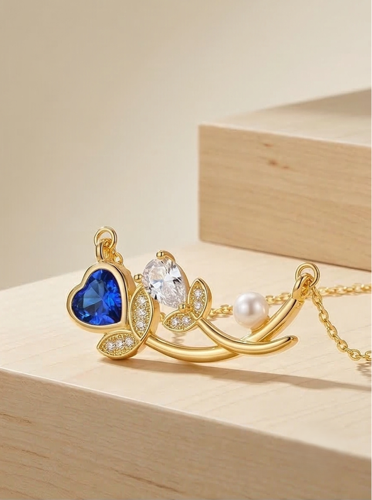 925 Sterling Silver Floral Branch Heart And Pearl Necklace Jewellery In Gold Plated Finish : AGkDK02113-2