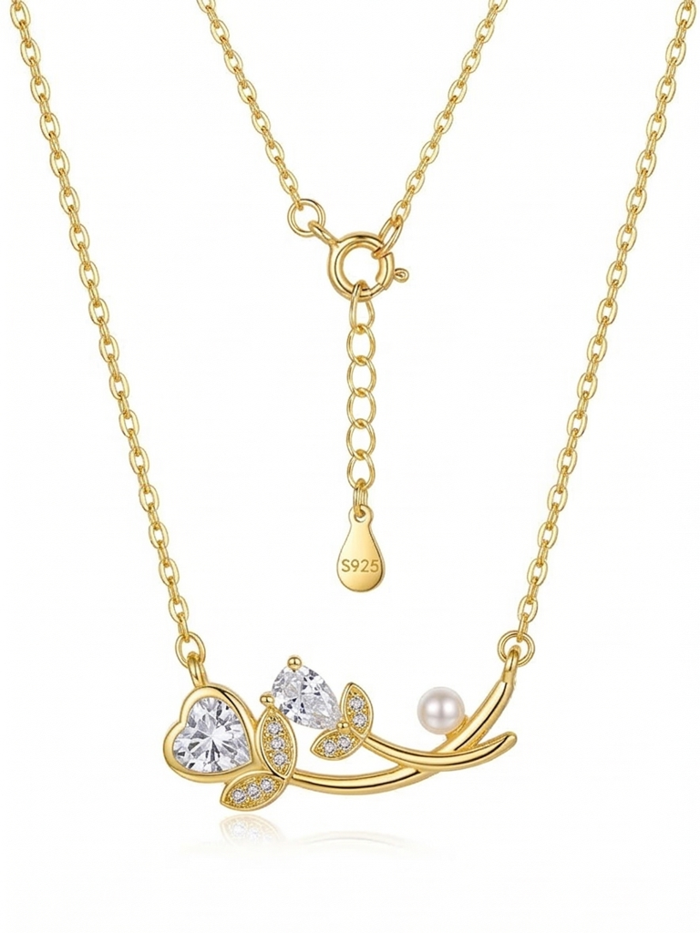 925 Sterling Silver Floral Branch Heart And Pearl Necklace Jewellery In Gold Plated Finish : AGkDK02113