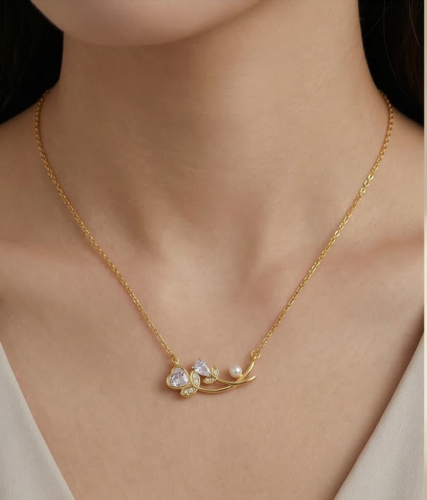 925 Sterling Silver Floral Branch Heart And Pearl Necklace Jewellery In Gold Plated Finish : AGkDK02113