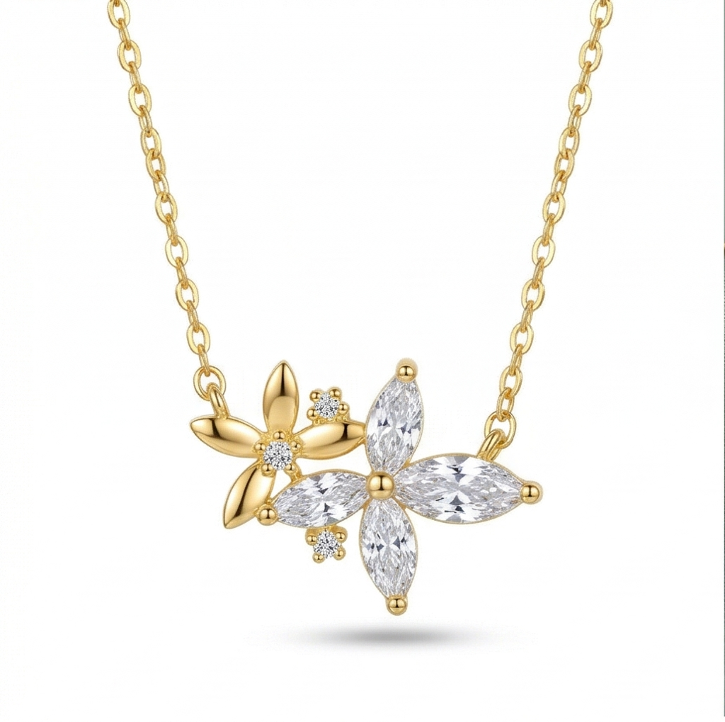 925 Sterling Silver Gold Plated Floral Cluster Necklace Jewellery : AGkDK02119