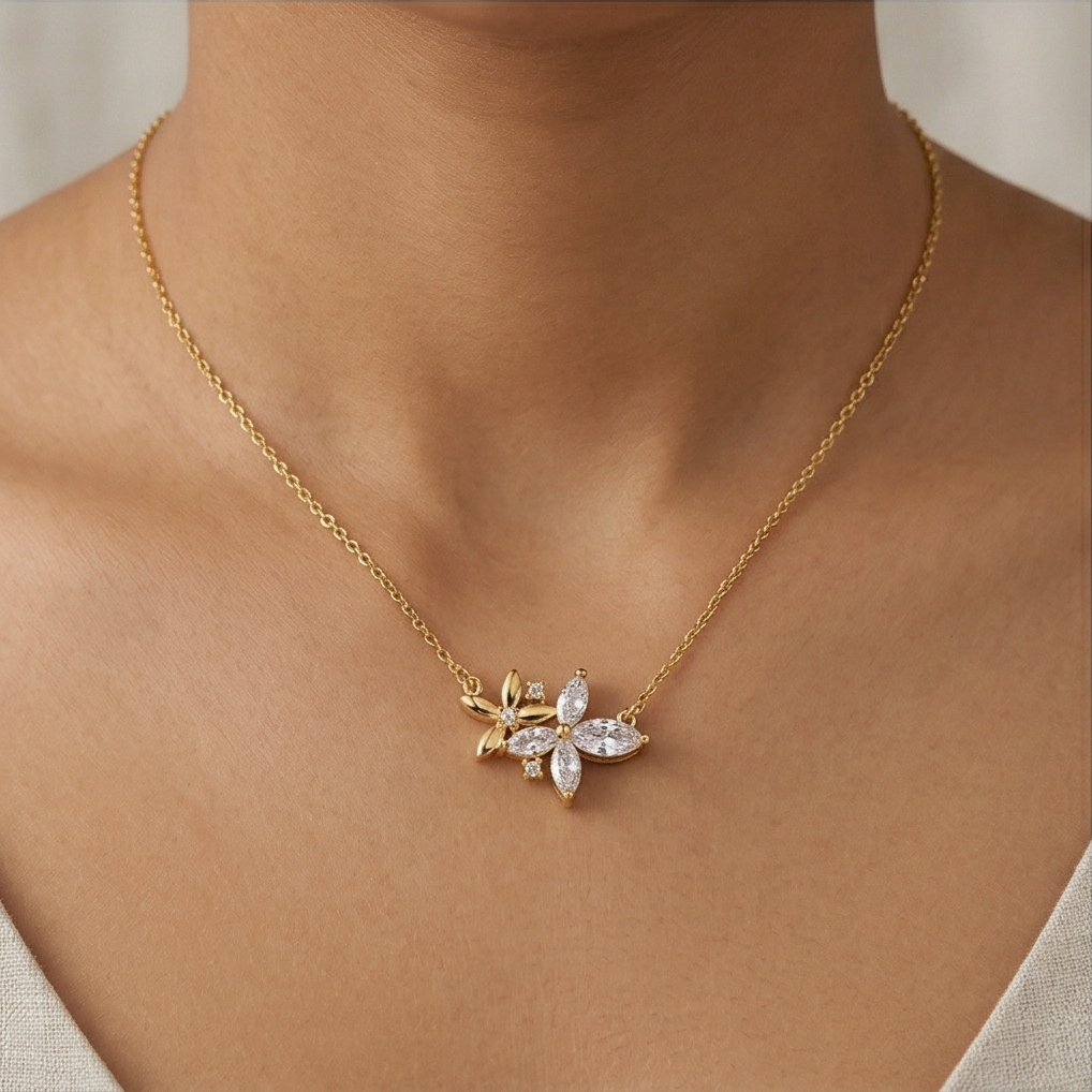 925 Sterling Silver Gold Plated Floral Cluster Necklace Jewellery : AGkDK02119